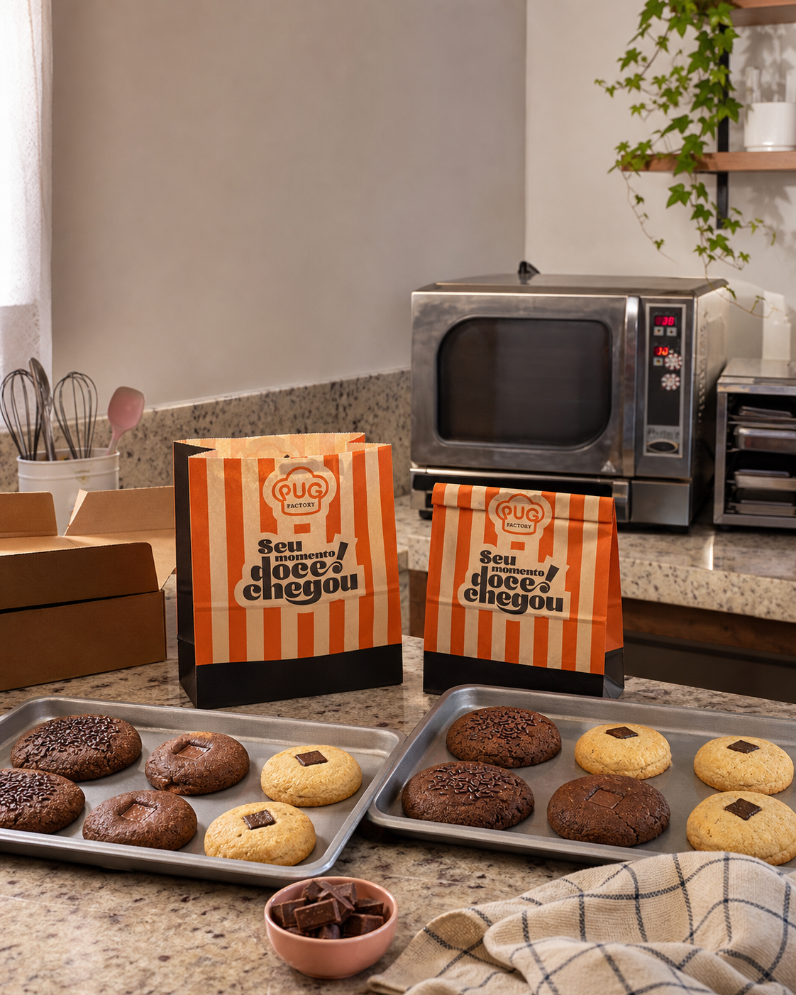 Operação Home Based da PUG Factory com cookies, embalagens e forno compacto