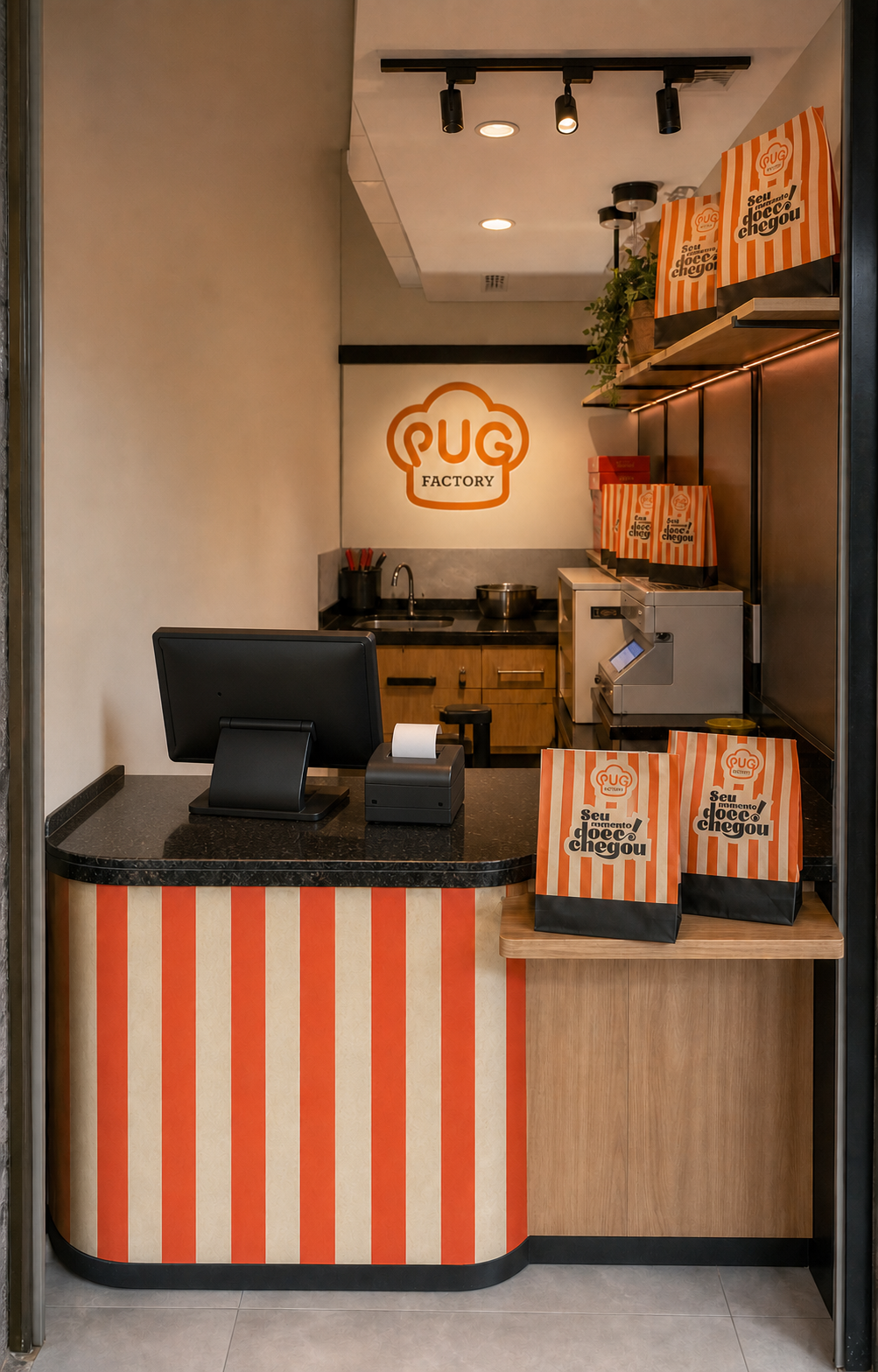 Small Store compacta da PUG Factory com balcão, cookies e embalagens